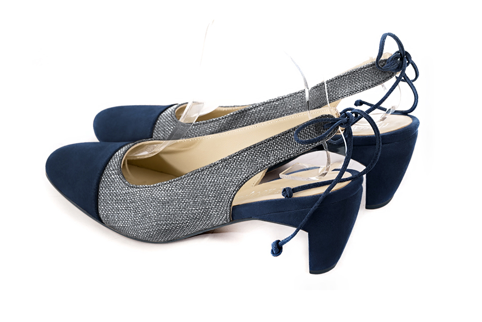 Women's navy blue and dark grey elegant slingback heels. Round toe. Medium comma heels - Rear view